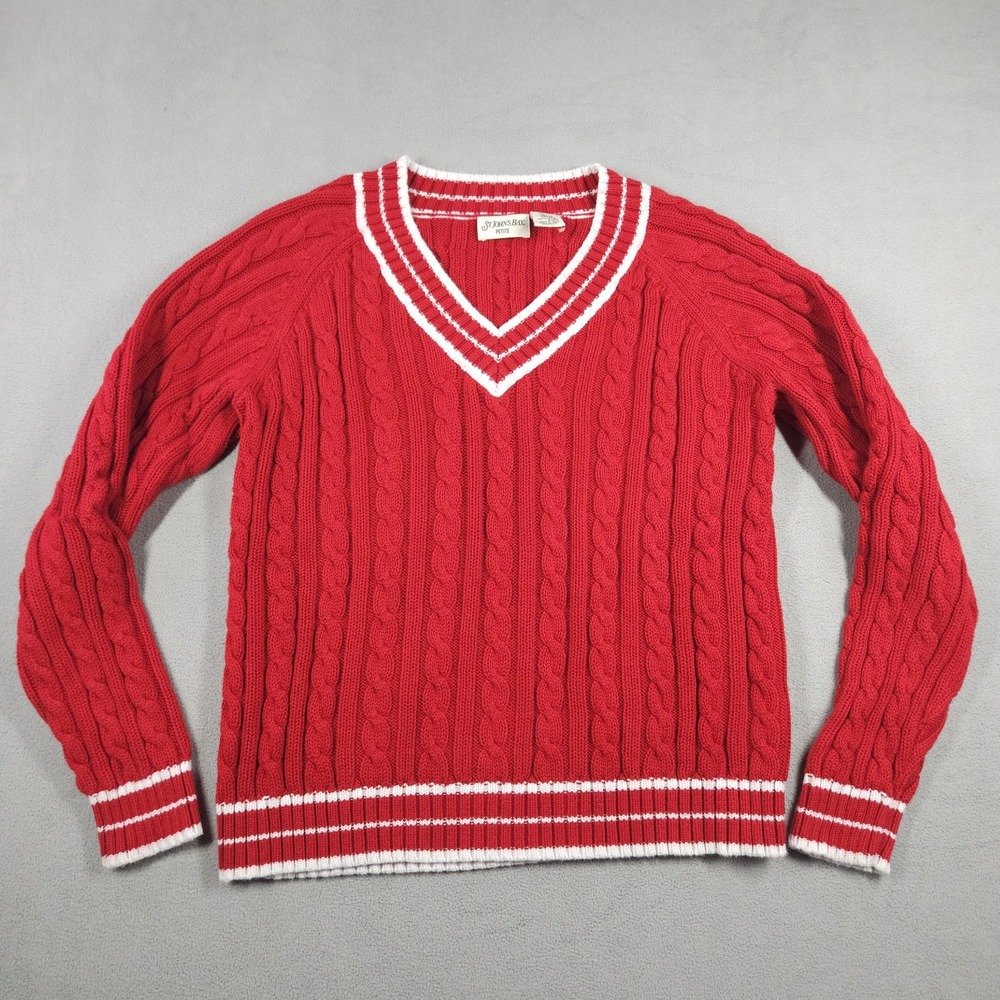 St. Johns Bay Sweater Womens PL Cable Knit V Neck Preppy Tennis Varsity Academia